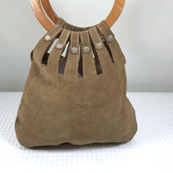 Vintage Suede Hobo Bag with Wooden Handle - Picture 6 of 9